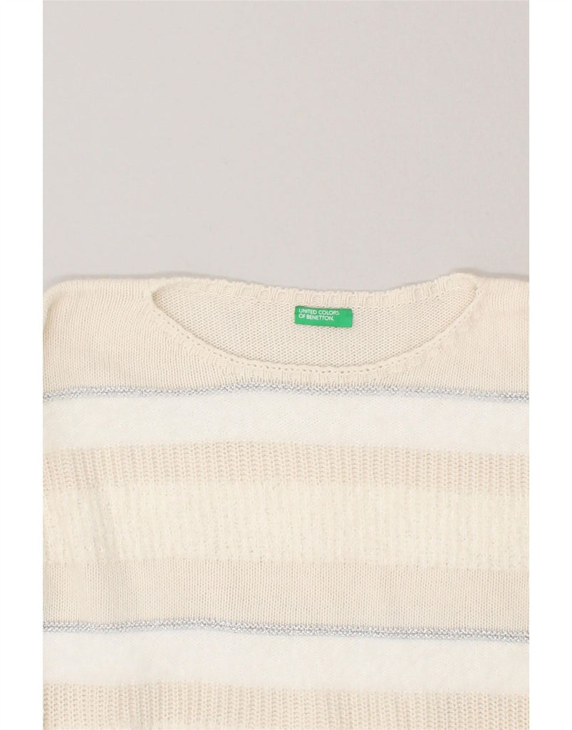 BENETTON Womens Crew Neck Jumper Sweater UK 14 Large Beige Striped Vintage Benetton and Second-Hand Benetton from Messina Hembry 