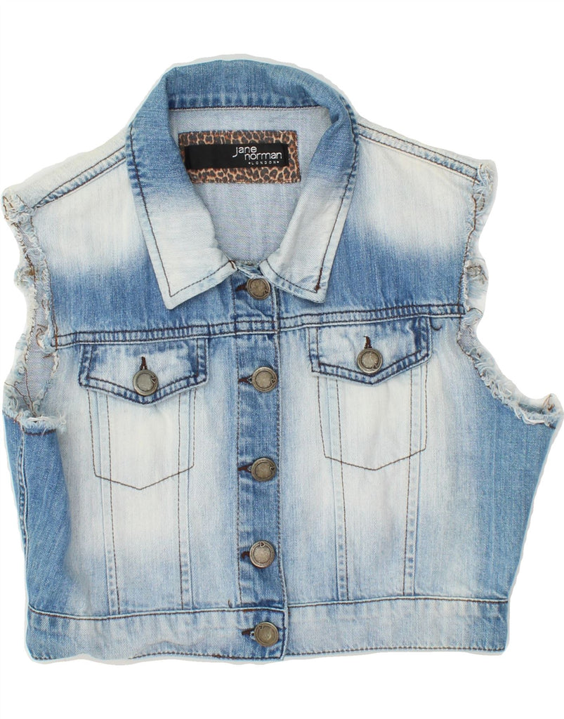 JANE NORMAN Womens Crop Denim Gilet UK 10 Small  Blue Tie Dye Cotton Vintage Jane Norman and Second-Hand Jane Norman from Messina Hembry 