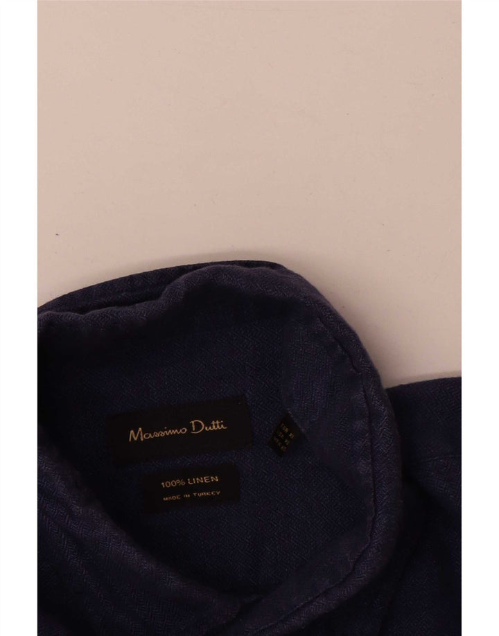 Massimo Dutti Mens Shirt XL Navy Blue Herringbone Linen