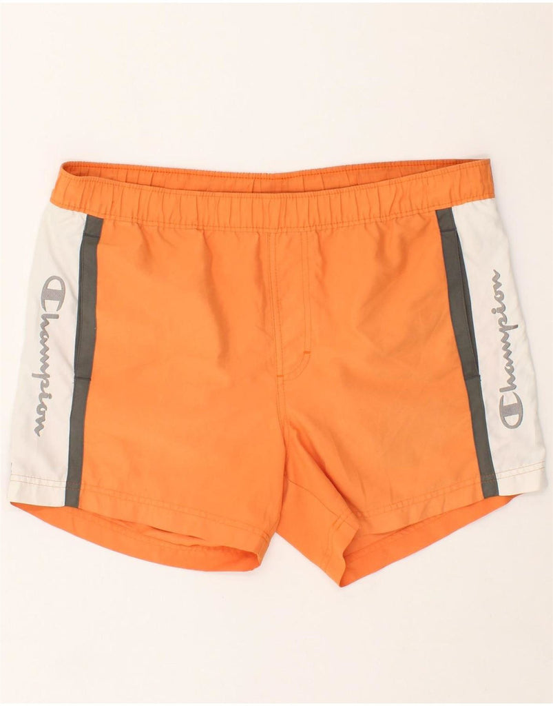 CHAMPION Mens Graphic Sport Shorts Medium Orange Colourblock Polyester Vintage Champion and Second-Hand Champion from Messina Hembry 