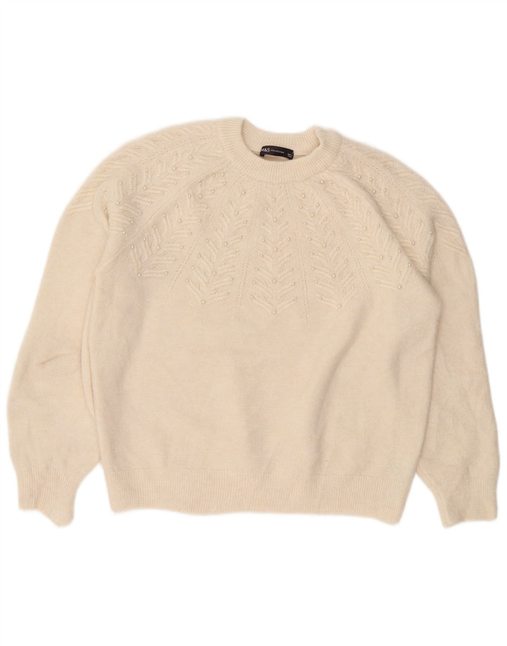 MARKS & SPENCER Womens Crop Crew Neck Jumper Sweater UK 14 Large Off White