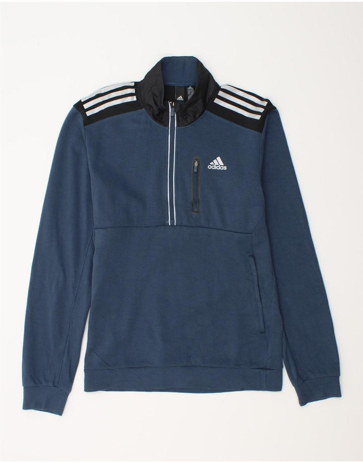 Adidas Mens Zip Neck Sweatshirt Jumper Small Blue Colourblock Cotton