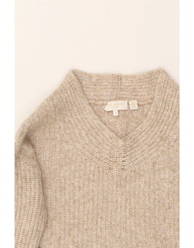 TED BAKER Womens V-Neck Jumper Sweater Size 1 Small Beige Wool | Vintage Ted Baker | Thrift | Second-Hand Ted Baker | Used Clothing | Messina Hembry 