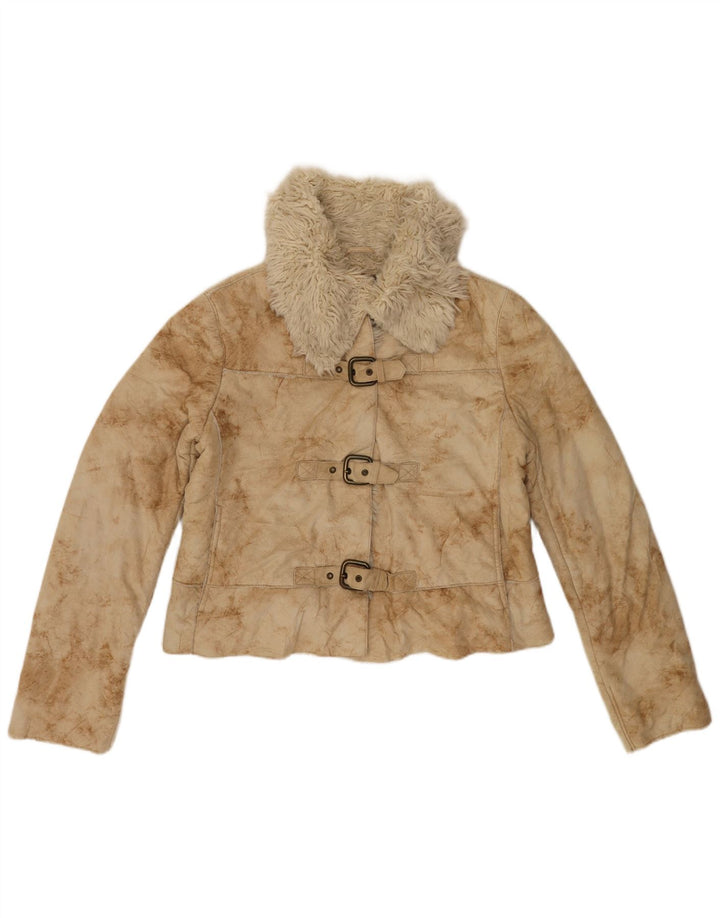 Armani Jeans Womens Crop Sherpa Jacket IT 44 Medium Beige Tie Dye Acrylic