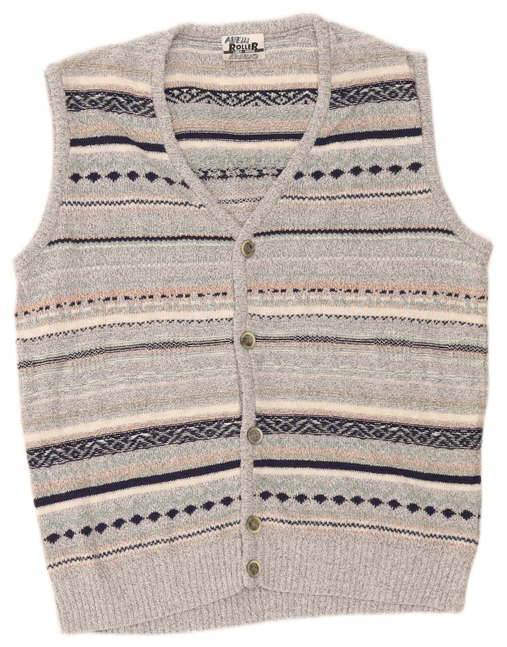 Vintage Mens Sleeveless Cardigan Sweater Medium Grey Striped Linen