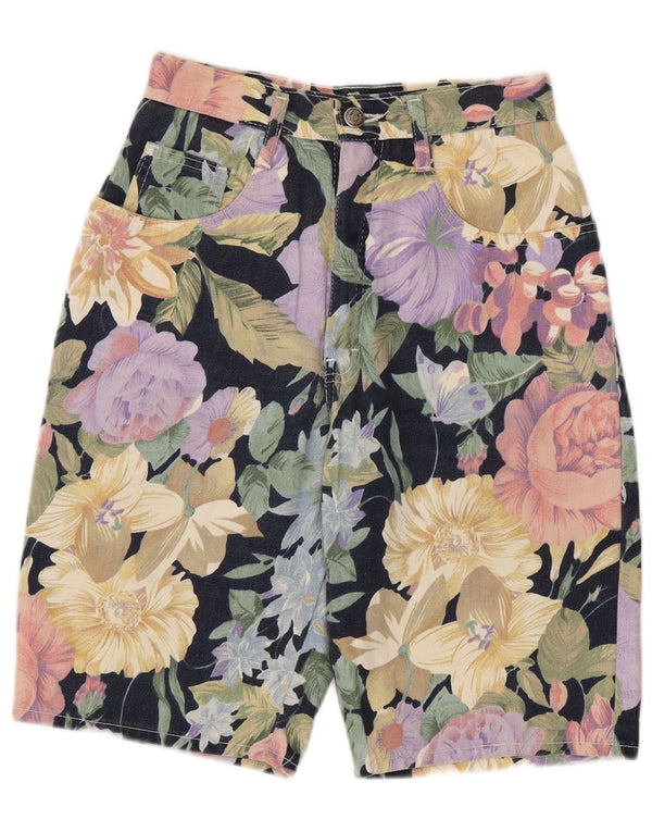 Vintage Womens High Waist Denim Shorts UK 10 Small W24 Multicoloured Floral