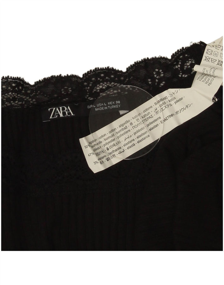 Zara Womens Crop Blouse Top UK 14 Large Black Cotton