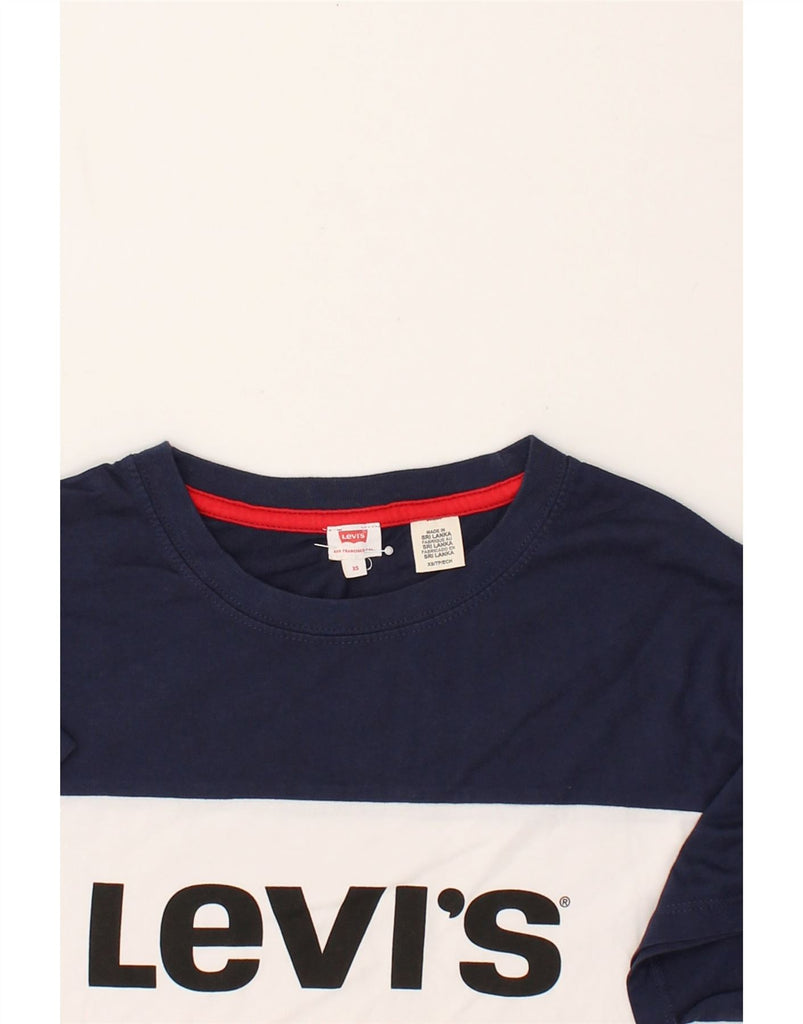 LEVI'S Womens Crop Graphic T-Shirt Top UK 6 XS Navy Blue Colourblock | Vintage Levi's | Thrift | Second-Hand Levi's | Used Clothing | Messina Hembry 