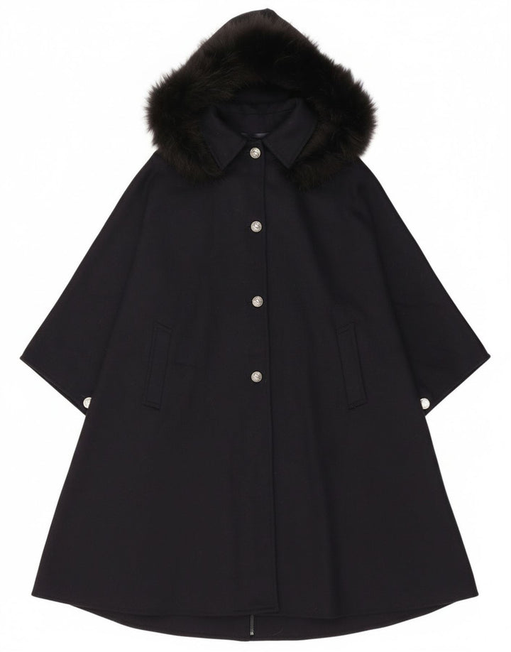 Loden Womens Hooded Poncho Coat One Size Navy Blue Wool