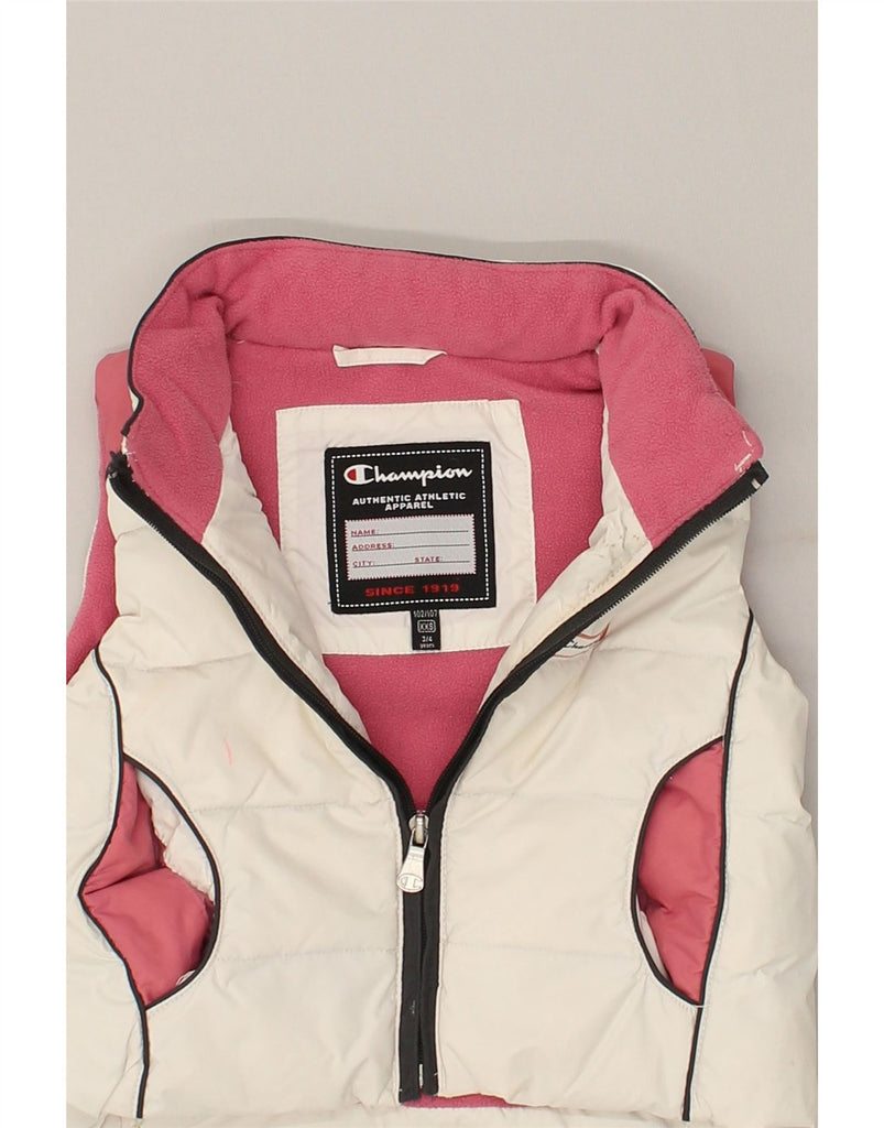 CHAMPION Girls Hooded Padded Gilet 3-4 Years 2XS White Colourblock | Vintage Champion | Thrift | Second-Hand Champion | Used Clothing | Messina Hembry 