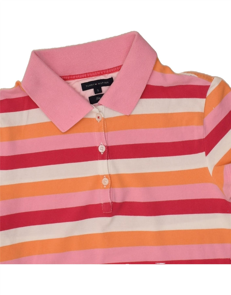 TOMMY HILFIGER Womens Slim Fit Polo Shirt UK 10 Small Pink Striped Cotton | Vintage Tommy Hilfiger | Thrift | Second-Hand Tommy Hilfiger | Used Clothing | Messina Hembry 