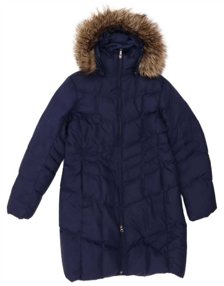 Lands End Womens Hooded Padded Coat UK 14 Medium Navy Blue Polyester