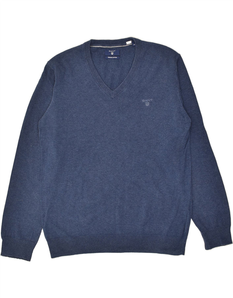 GANT Mens V-Neck Jumper Sweater Medium Blue Cotton | Vintage Gant | Thrift | Second-Hand Gant | Used Clothing | Messina Hembry 