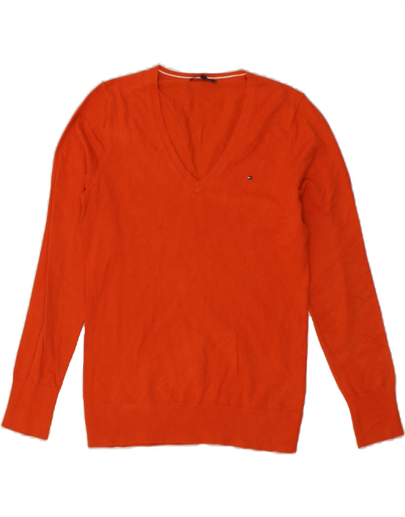 TOMMY HILFIGER Womens V-Neck Jumper Sweater UK 14 Medium Orange Cotton | Vintage Tommy Hilfiger | Thrift | Second-Hand Tommy Hilfiger | Used Clothing | Messina Hembry 