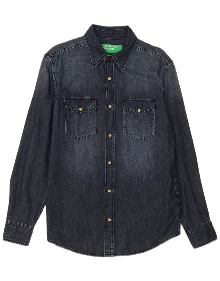 Benetton Mens Denim Shirt Medium Navy Blue Cotton