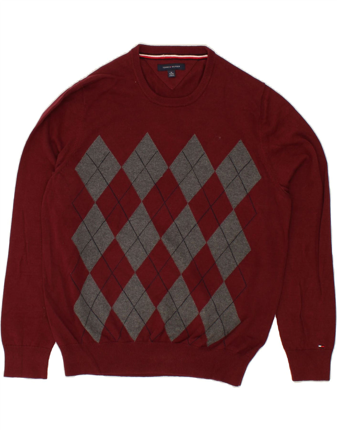 TOMMY HILFIGER Mens Crew Neck Jumper Sweater XL Maroon Argyle/Diamond Vintage Tommy Hilfiger and Second-Hand Tommy Hilfiger from Messina Hembry 
