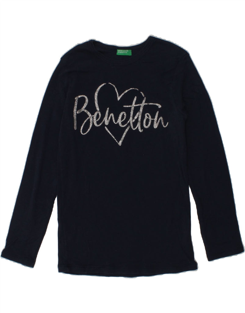 BENETTON Girls Graphic Top Long Sleeve 7-8 Years Medium Navy Blue Cotton | Vintage Benetton | Thrift | Second-Hand Benetton | Used Clothing | Messina Hembry 