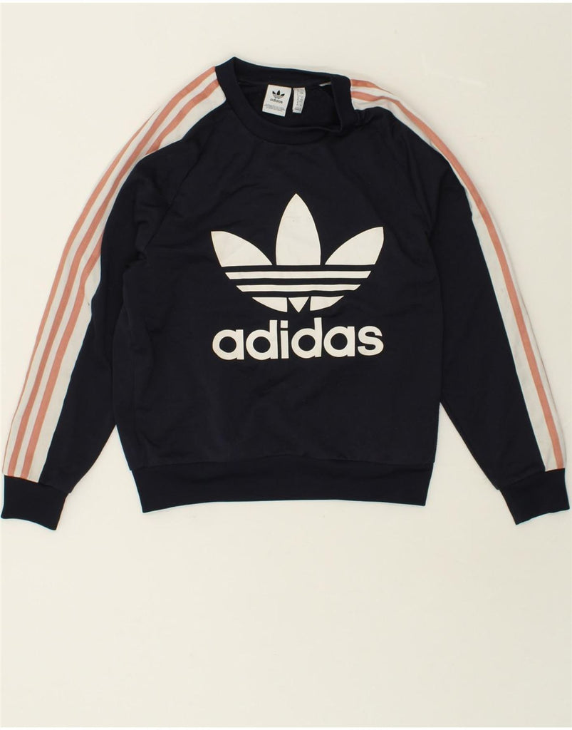 ADIDAS Womens Graphic Sweatshirt Jumper UK 4 XS Navy Blue Polyester | Vintage Adidas | Thrift | Second-Hand Adidas | Used Clothing | Messina Hembry 