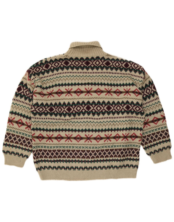 Vintage Mens Roll Neck Jumper Sweater Medium Beige Fair Isle Wool