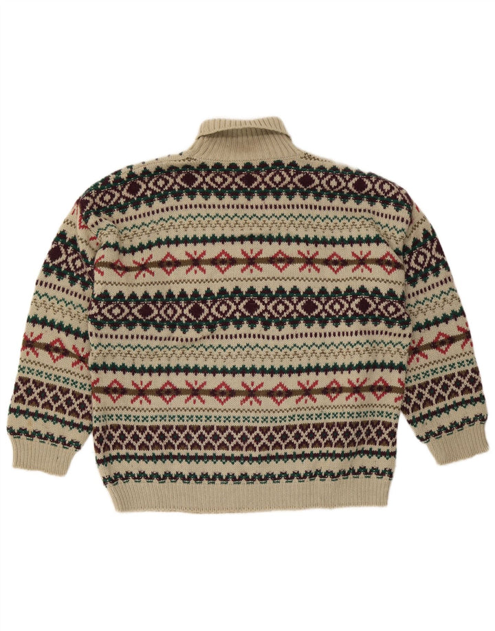 Vintage Mens Roll Neck Jumper Sweater Medium Beige Fair Isle Wool