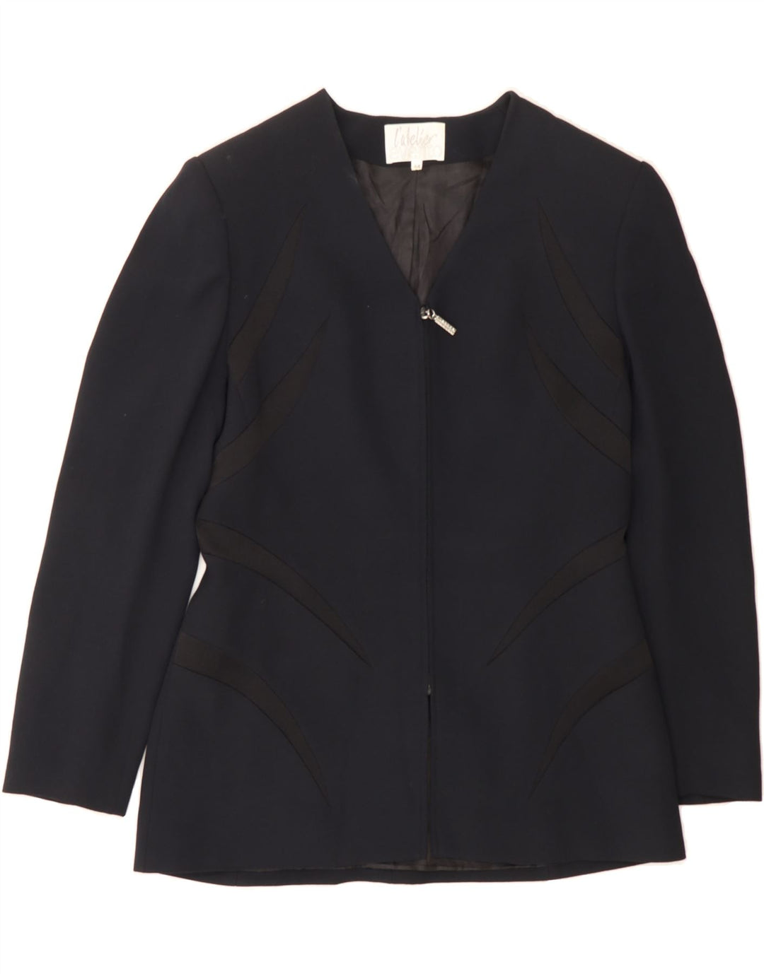 VINTAGE Womens Blazer Jacket IT 44 Medium Navy Blue Colourblock Acetate Vintage Vintage and Second-Hand Vintage from Messina Hembry 
