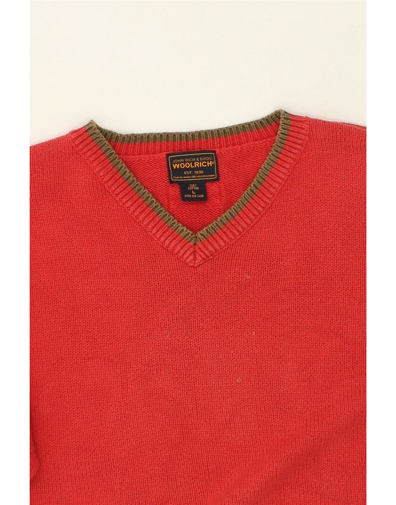 WOOLRICH Mens V-Neck Jumper Sweater Large Red Cotton | Vintage Woolrich | Thrift | Second-Hand Woolrich | Used Clothing | Messina Hembry 