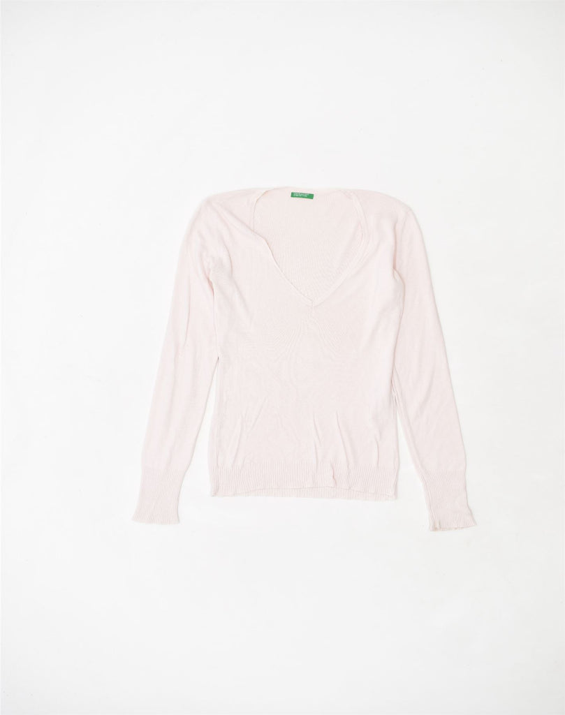 BENETTON Womens V-Neck Jumper Sweater UK 14 Medium Pink Cotton Classic | Vintage | Thrift | Second-Hand | Used Clothing | Messina Hembry 