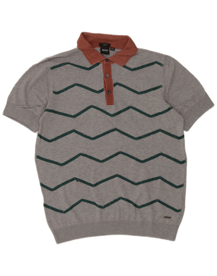 Hugo Boss Mens Short Sleeve Polo Neck Jumper Sweater Medium Grey Chevron