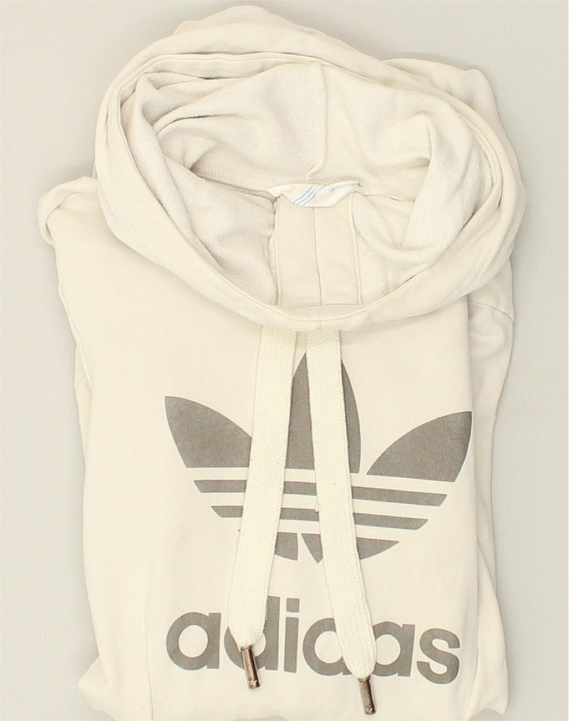 ADIDAS Womens Longline Graphic Hoodie Jumper UK 8 Small Off White Cotton | Vintage Adidas | Thrift | Second-Hand Adidas | Used Clothing | Messina Hembry 