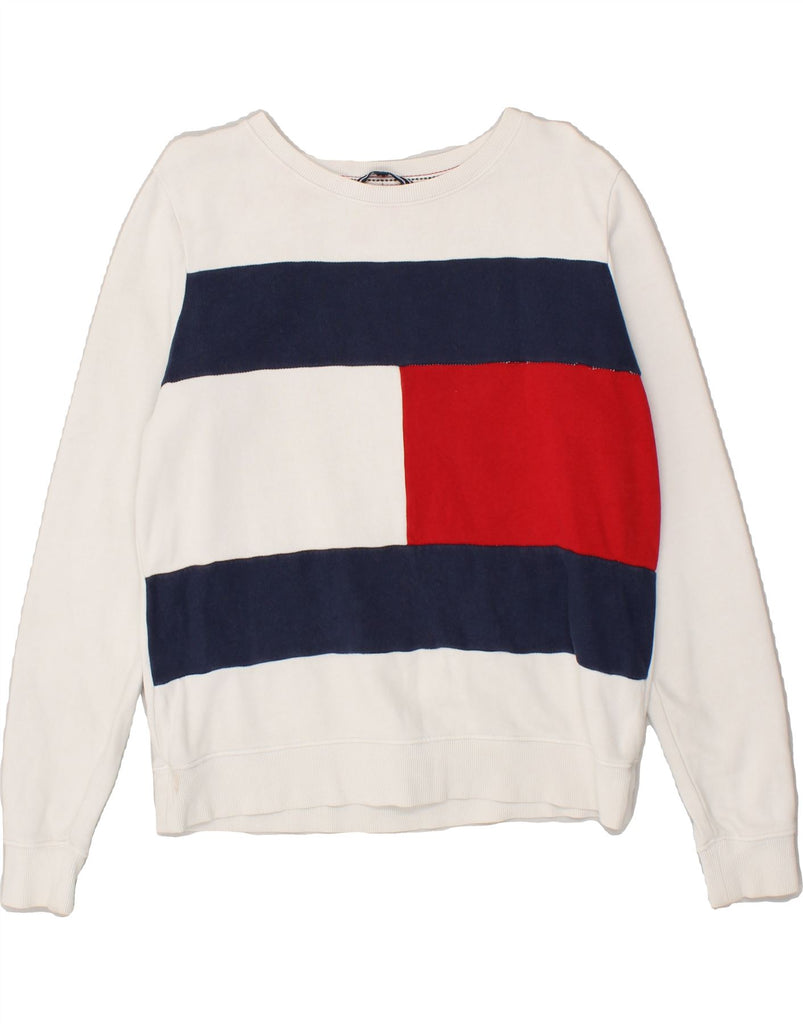 TOMMY HILFIGER Womens Graphic Sweatshirt Jumper UK 14 Medium White Vintage Tommy Hilfiger and Second-Hand Tommy Hilfiger from Messina Hembry 