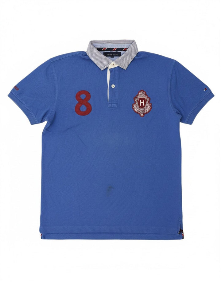 TOMMY HILFIGER Mens Graphic Rugby Polo Shirt Medium Blue Cotton