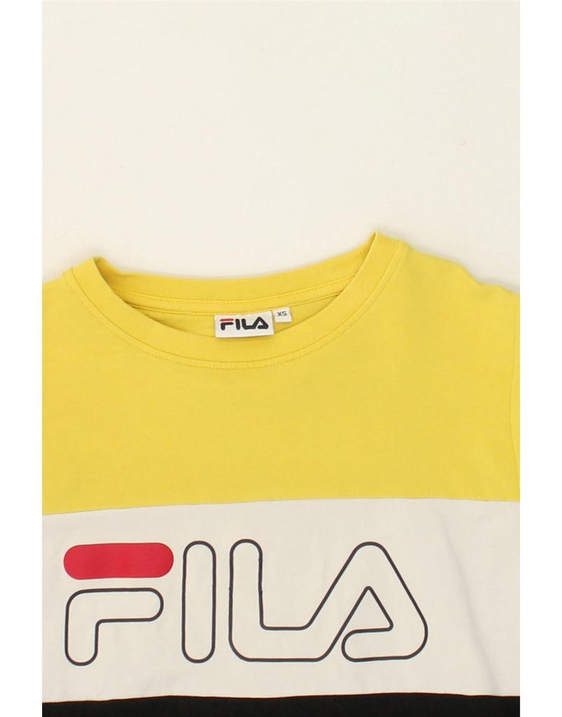 FILA Womens Graphic Sweatshirt Jumper UK 6 XS Yellow Colourblock | Vintage Fila | Thrift | Second-Hand Fila | Used Clothing | Messina Hembry 