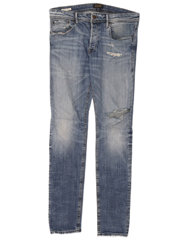 Jack & Jones Mens GLENN Distressed Slim Jeans W33 L34 Blue Cotton