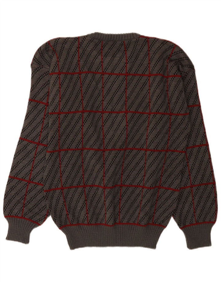 Vintage Mens Crew Neck Jumper Sweater IT 50 Medium Grey Plaid Acrylic