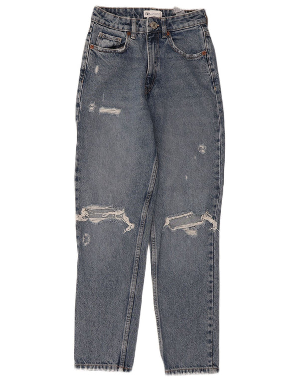 Zara Womens Distressed High Waist Tapered Jeans EU 34 2XS W24 L27 Blue