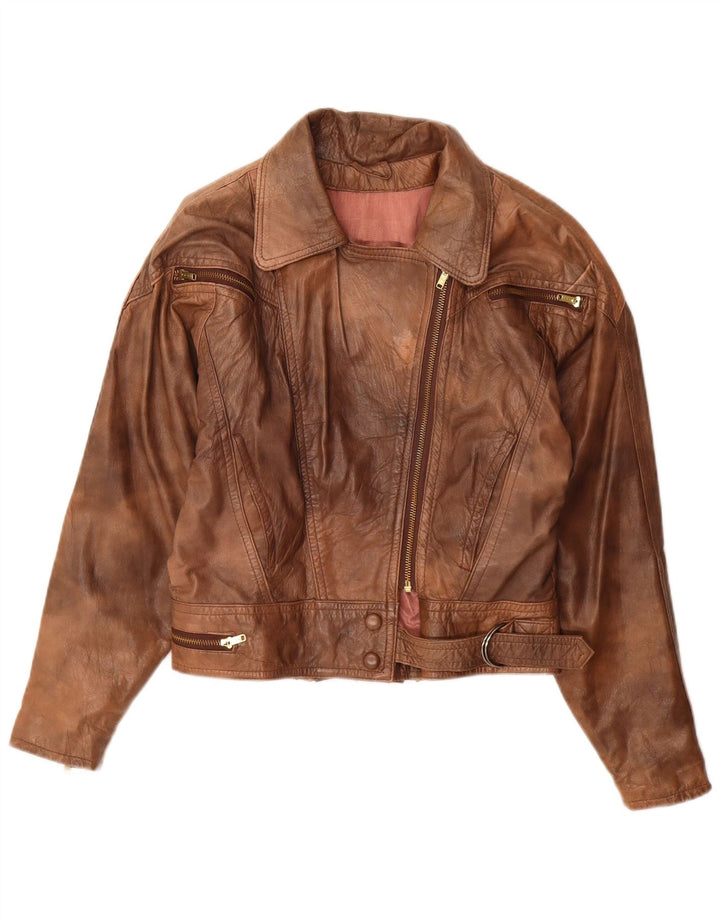 Vintage Womens Leather Biker Jacket UK 10 Small Brown Leather