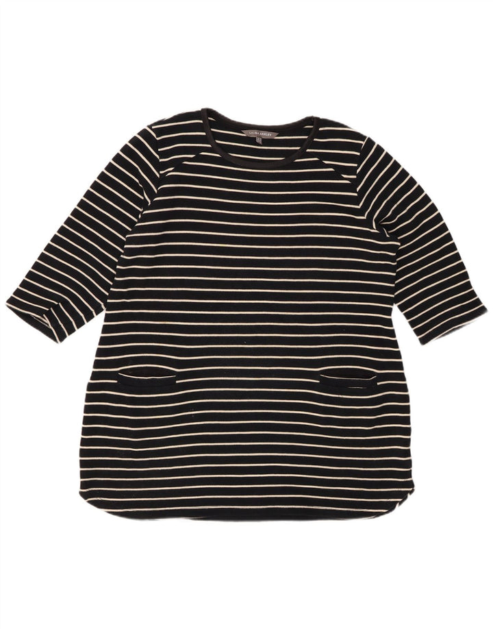 LAURA ASHLEY Womens Top 3/4 Sleeve UK 18 XL Black Striped Cotton