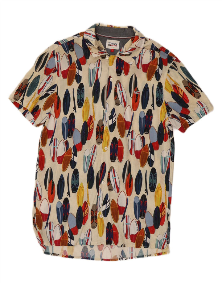 TOMMY HILFIGER Mens Graphic Short Sleeve Shirt Small Beige Viscose
