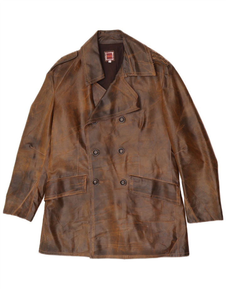 Sasch Mens Leather Double Breasted Coat UK 38 Medium Brown Leather