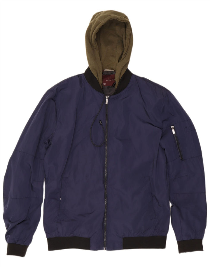 Zara Mens Hooded Bomber Jacket UK 40 Large Navy Blue Colourblock Polyester