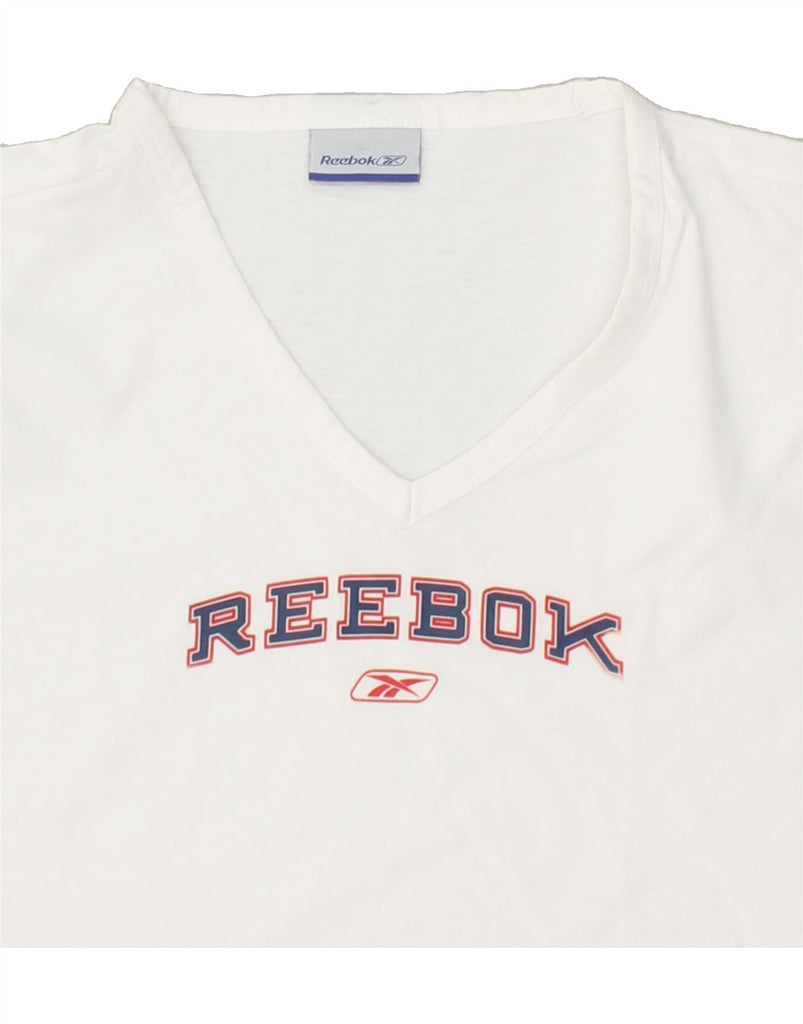 REEBOK Womens Graphic T-Shirt Top UK 12 Medium White Cotton | Vintage Reebok | Thrift | Second-Hand Reebok | Used Clothing | Messina Hembry 