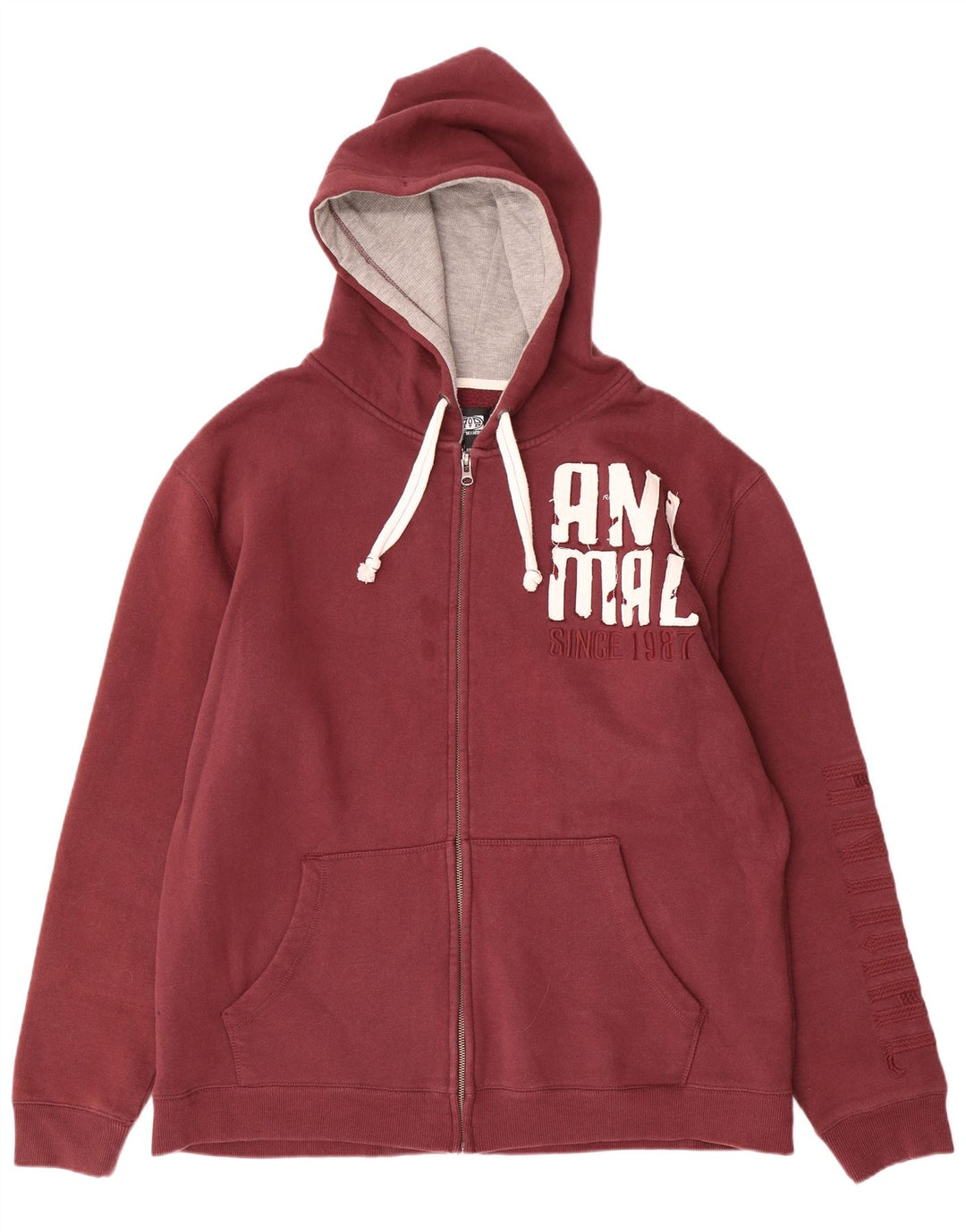 ANIMAL Mens Graphic Zip Hoodie Sweater 2XL Maroon Cotton