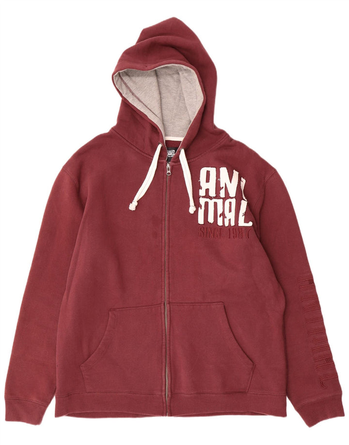 ANIMAL Mens Graphic Zip Hoodie Sweater 2XL Maroon Cotton