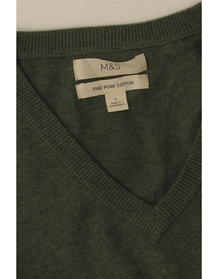 MARKS & SPENCER Mens V-Neck Jumper Sweater Large Green Cotton