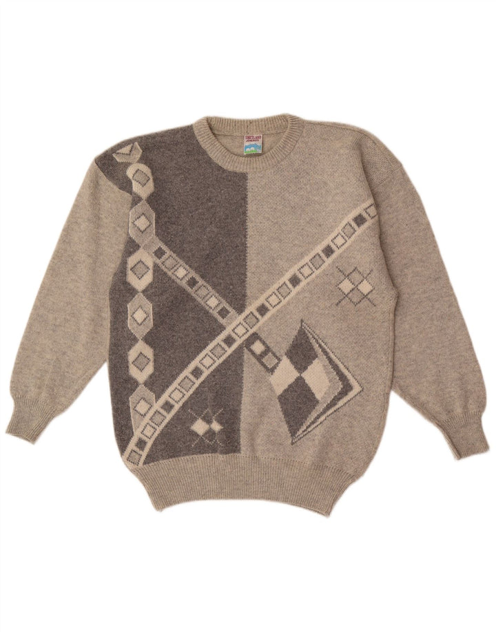 Shetland Jeneros Mens Crew Neck Jumper Sweater Medium Grey Geometric