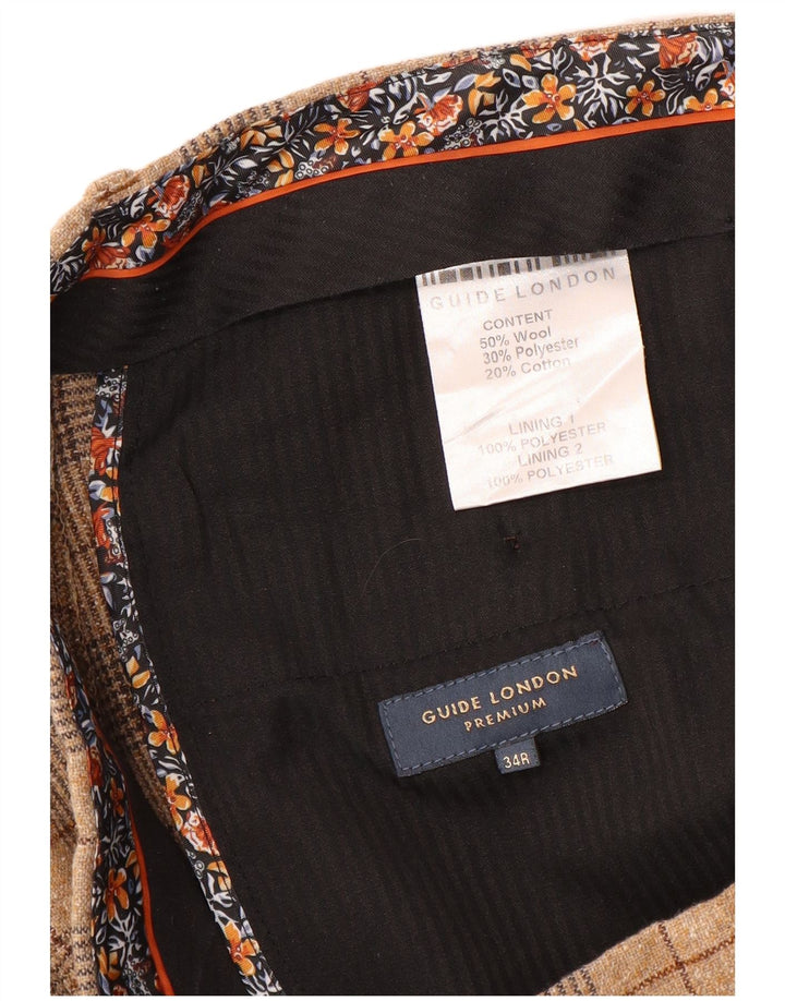 Guide London Womens Slim Chino Trousers W34 L32 Beige Check Wool