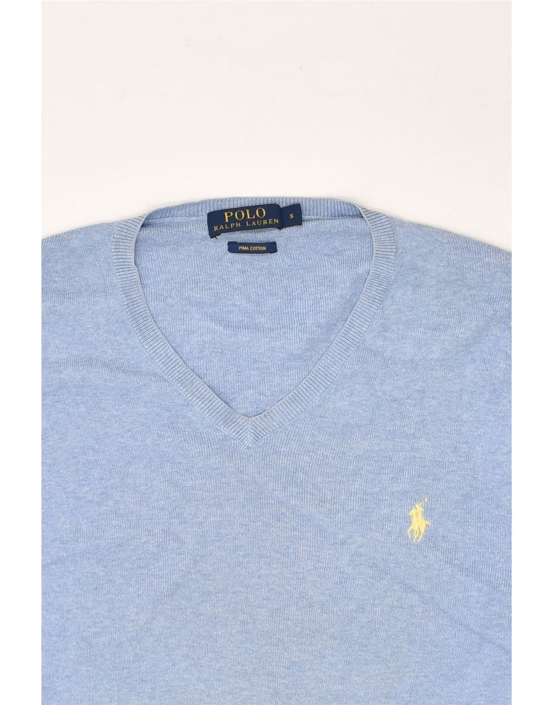 POLO RALPH LAUREN Mens V-Neck Jumper Sweater Small Blue Cotton | Vintage Polo Ralph Lauren | Thrift | Second-Hand Polo Ralph Lauren | Used Clothing | Messina Hembry 