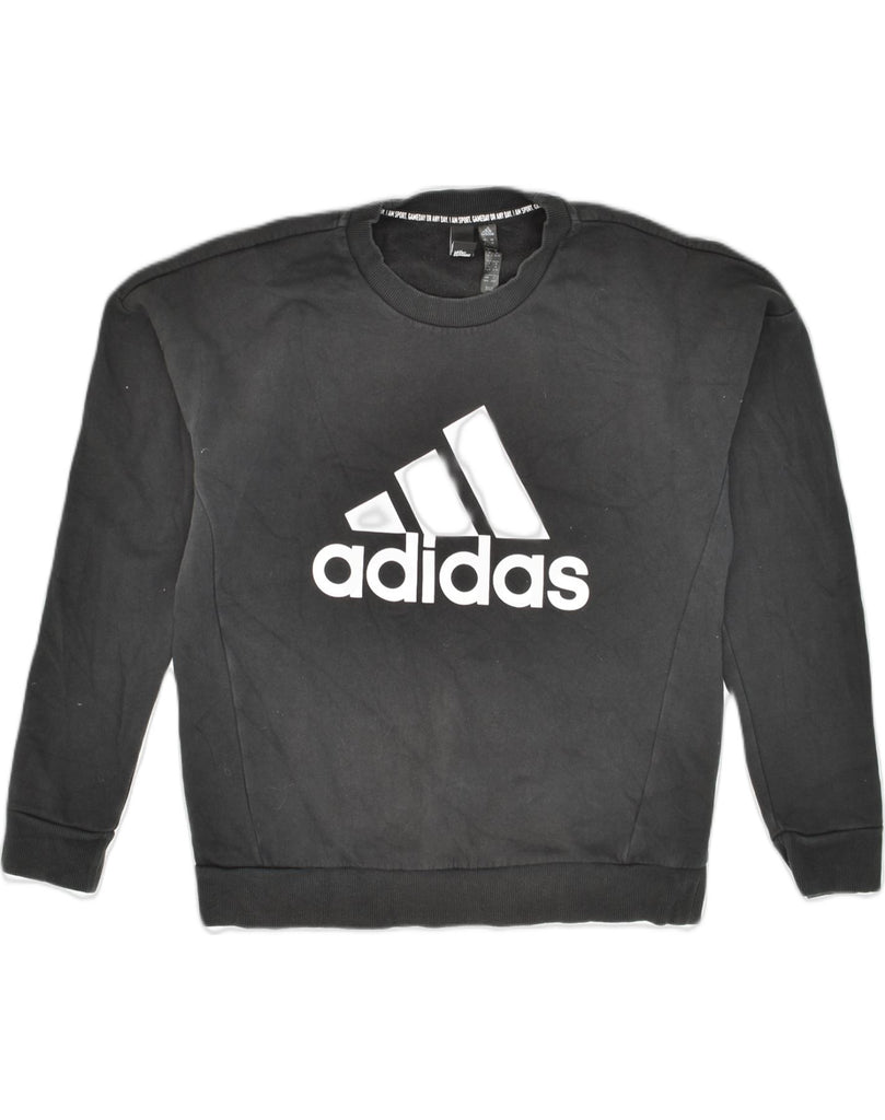 ADIDAS Womens Graphic Sweatshirt Jumper UK 12/14 Medium Black Cotton | Vintage Adidas | Thrift | Second-Hand Adidas | Used Clothing | Messina Hembry 