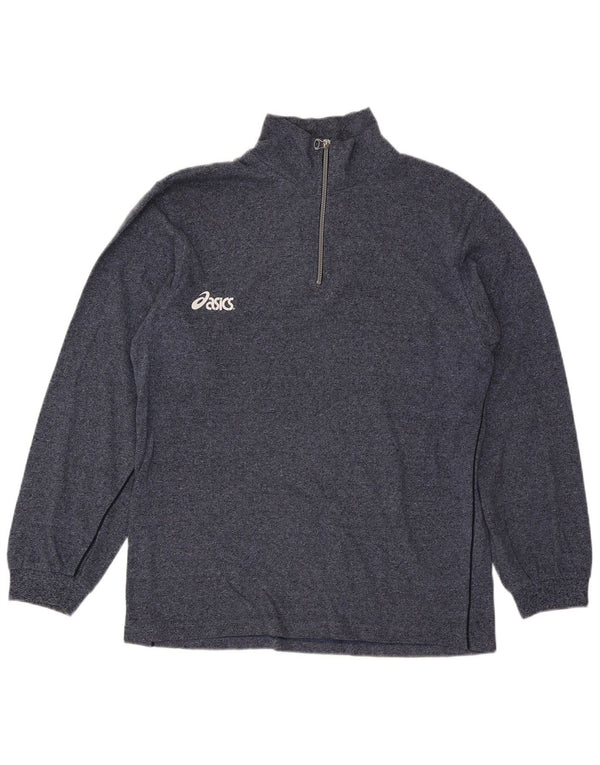Asics Mens Graphic Zip Neck Sweatshirt Jumper Large Navy Blue Flecked
