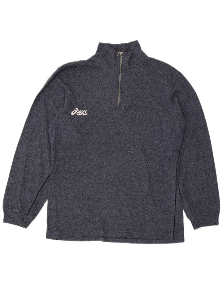 Asics Mens Graphic Zip Neck Sweatshirt Jumper Large Navy Blue Flecked